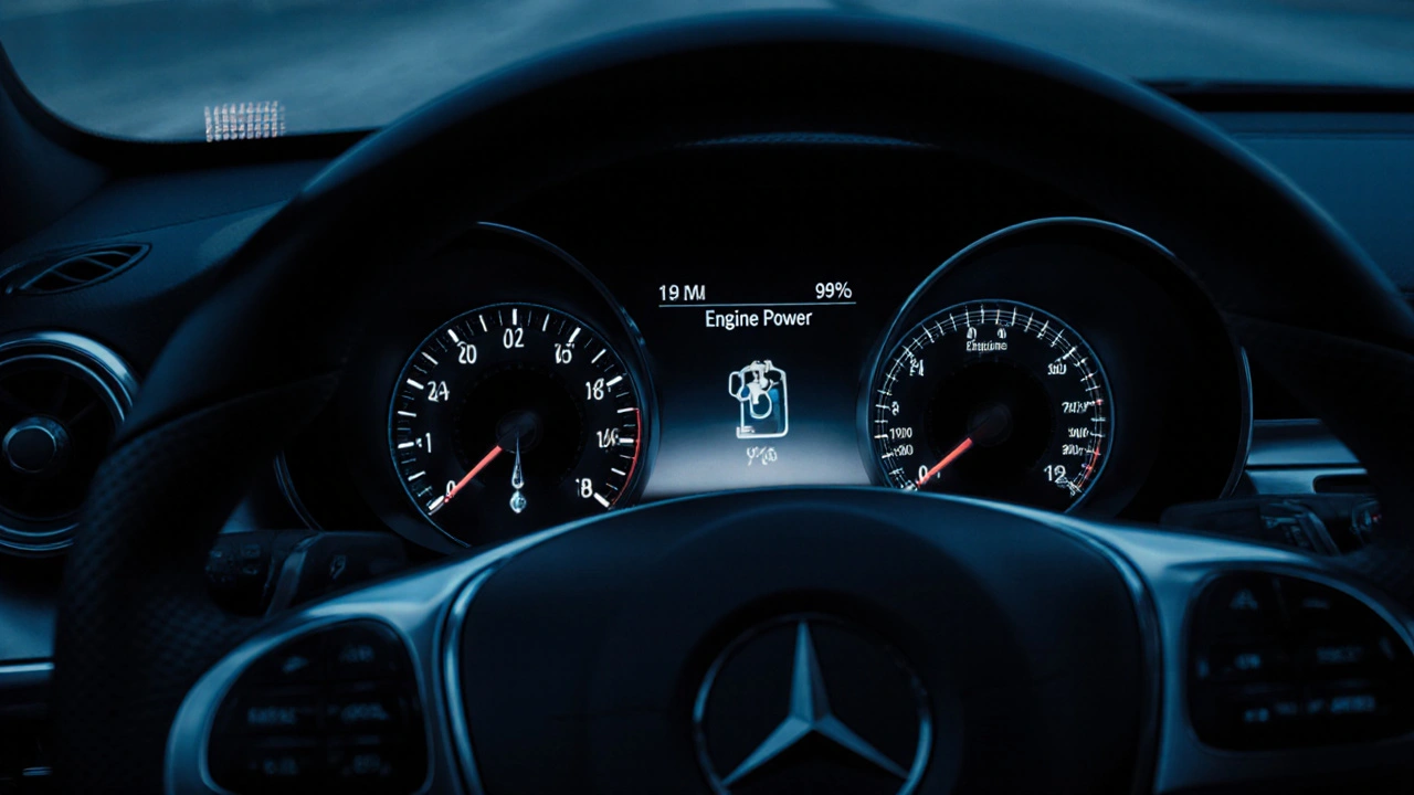 Mercedes dashboard with reduced power warning and single drop of 98 octane fuel above gauge.