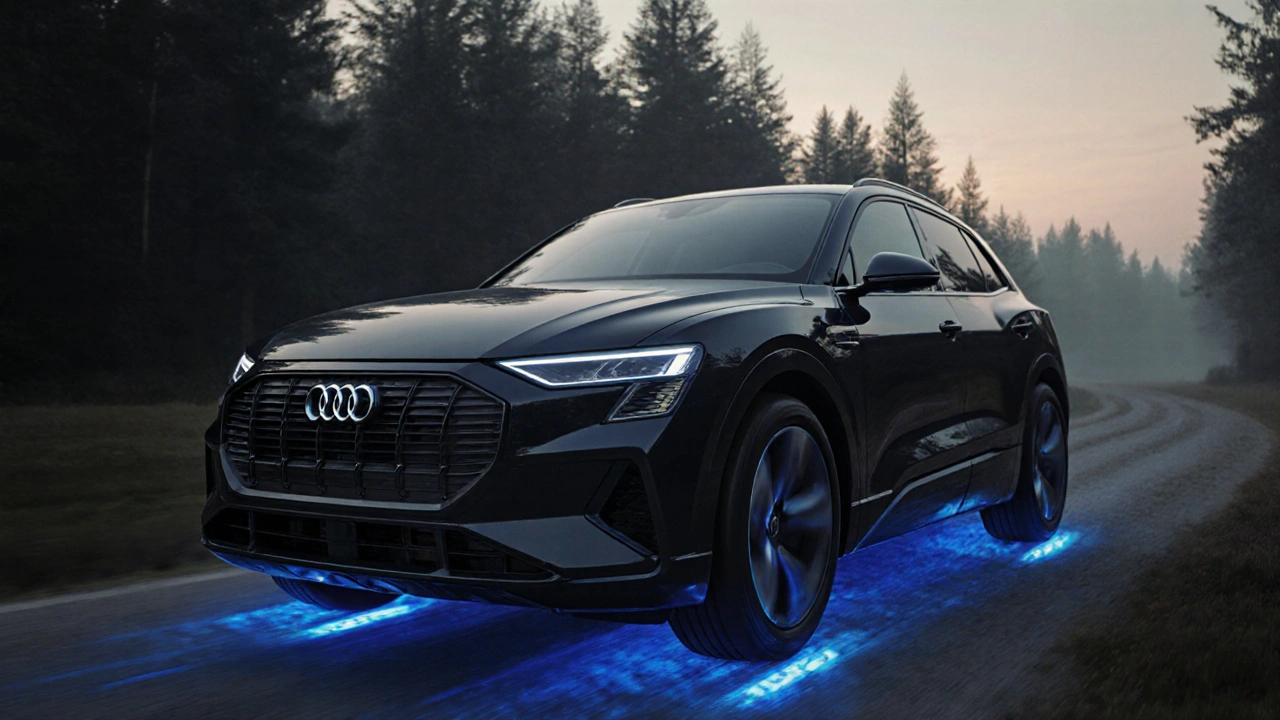 Moderní Audi e-tron jíží lesní cestou s viditelným systémem quattro pod koly.