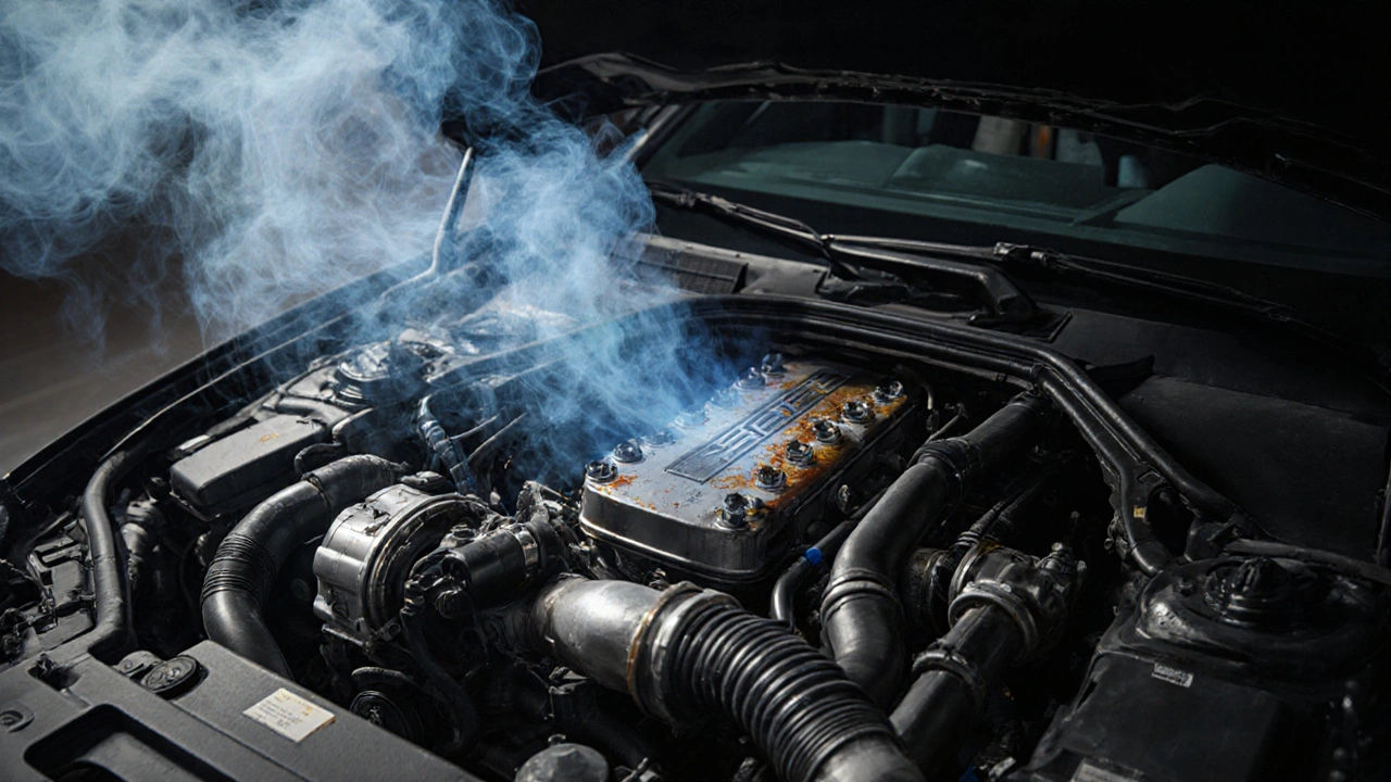 Motor BMW s modrým kouřem a únikem chladicí kapaliny v motorovém prostoru.