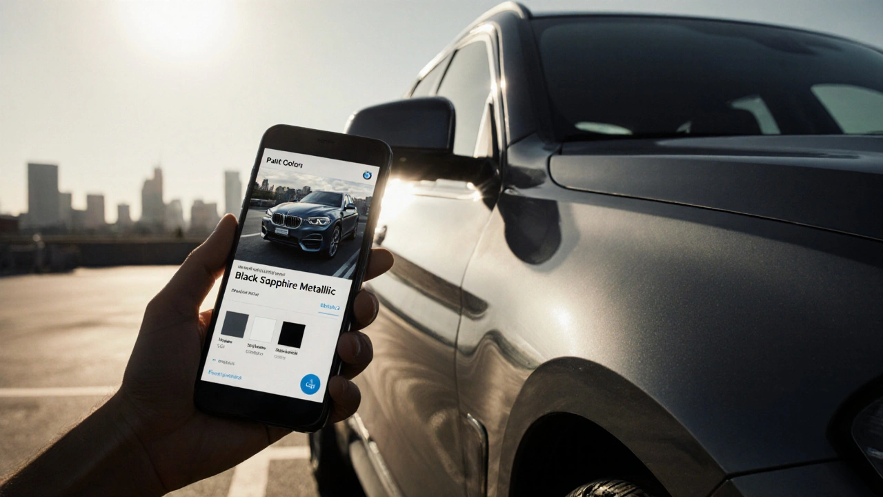 Osoba používá mobilní aplikaci k identifikaci barvy auta BMW.