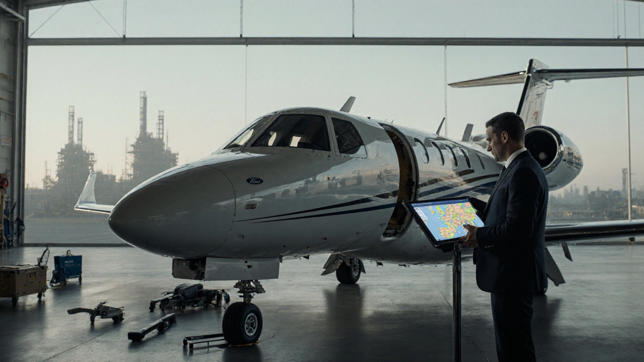 Pilot kontroly privátního letadla Cessna Citation ve skladu společnosti Ford.