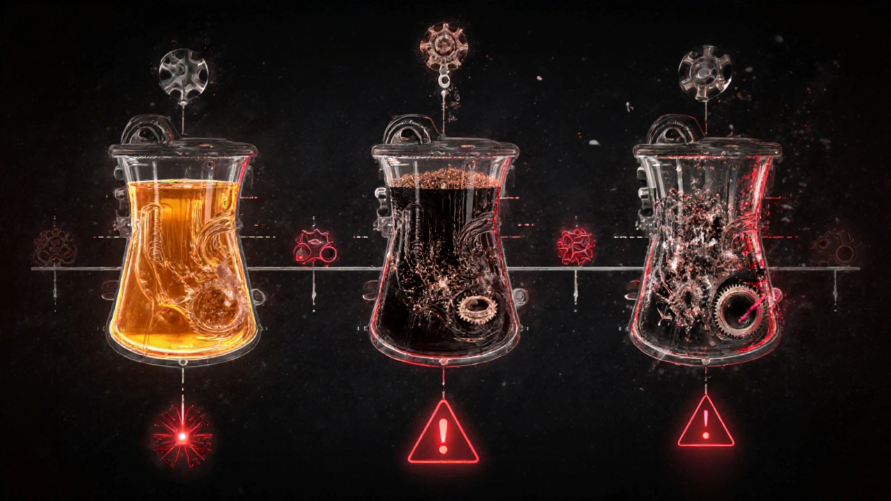 Porovnání zdravého a poškozeného oleje v převodovce s vývojem špíny a poškození.