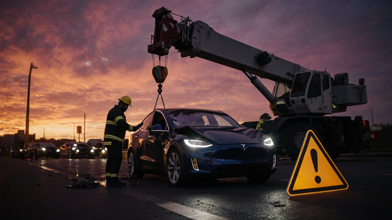 Poškozený Tesla Model Y po havárii s vystavenou baterií a záchranným vozem.