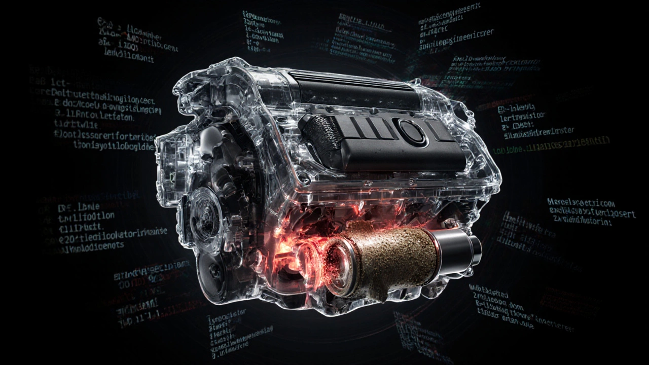 Průhledný motor BMW s viditelnými poruchami vstřikovačů a katalyzátoru.