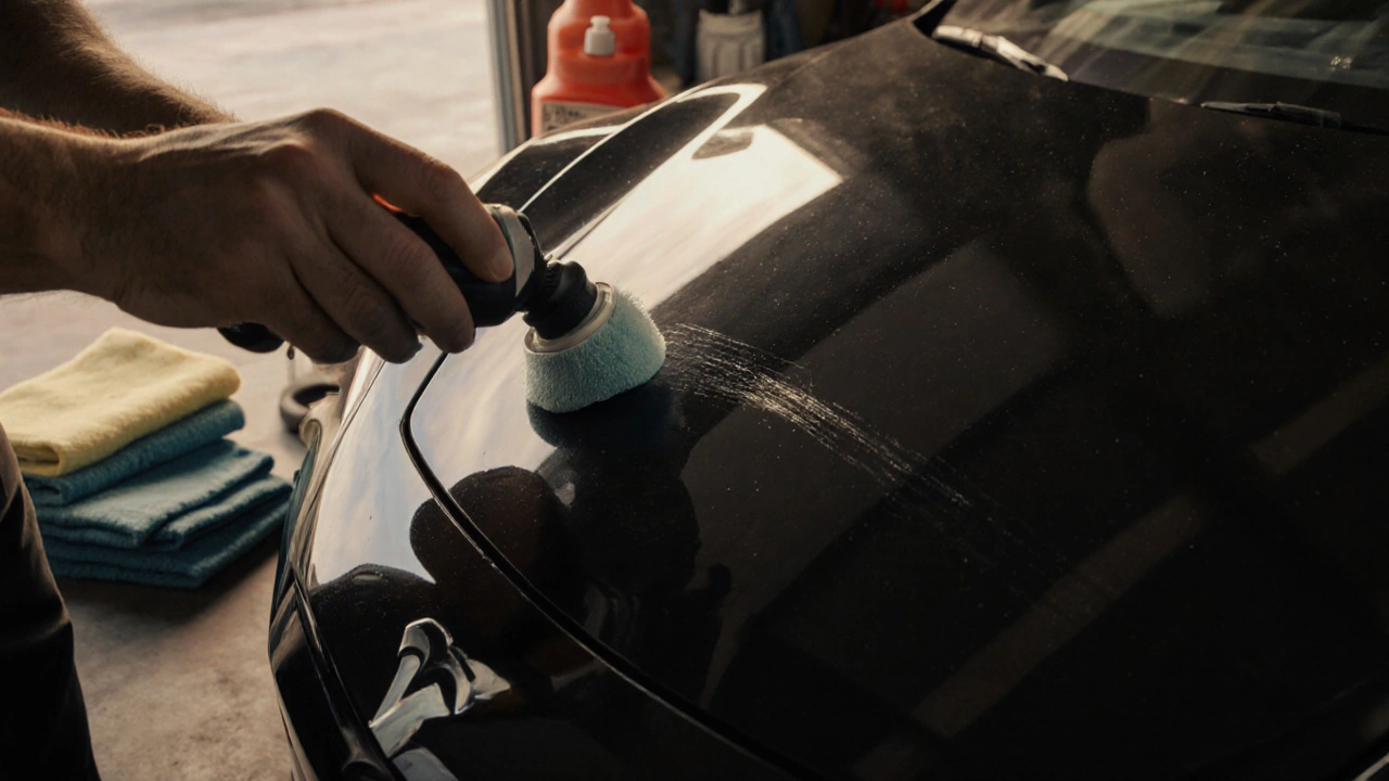 Ruka aplikuje opravný lak na hluboký škrábanec na černém autě Tesla, kdy se škrábanec tmaví.