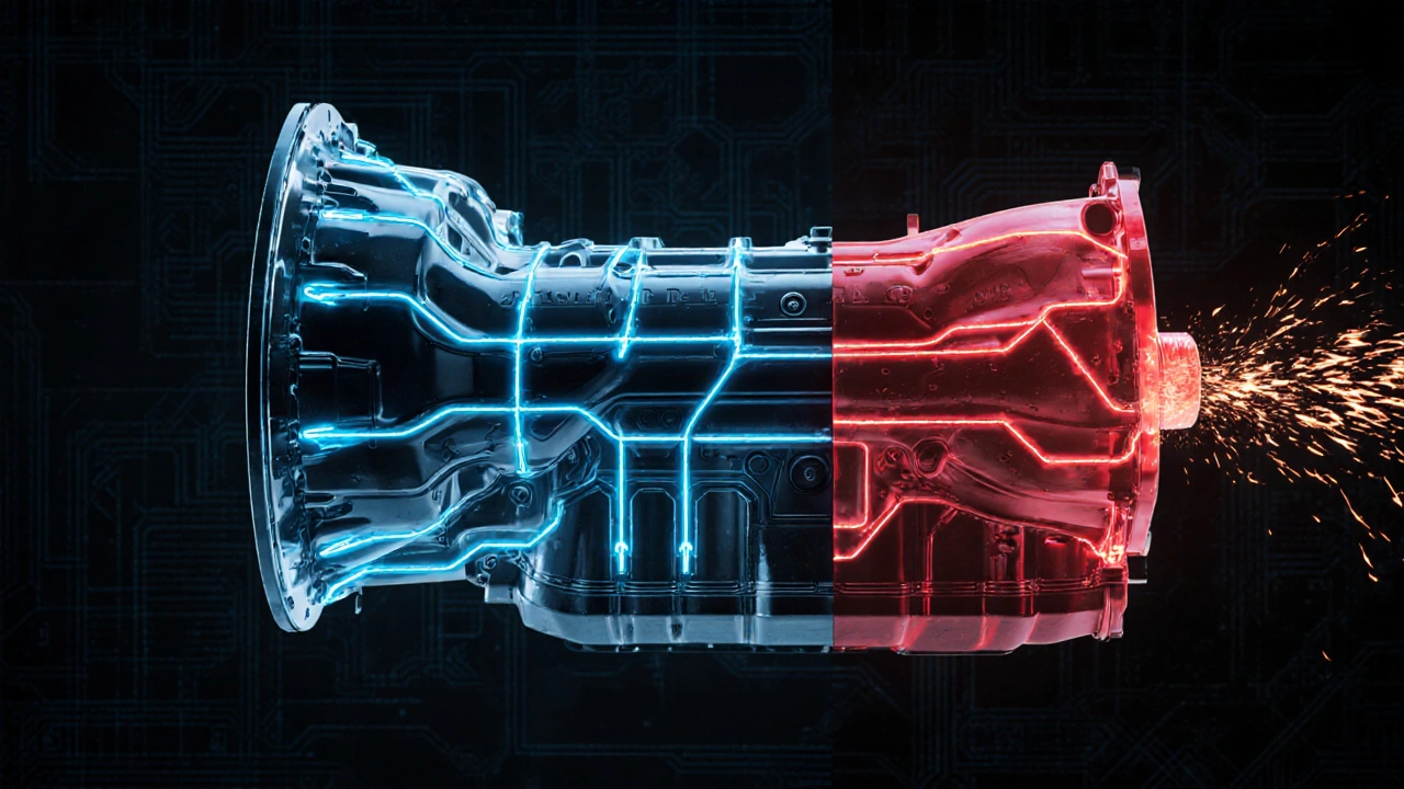 Schematic of DCT transmission showing correct vs incorrect oil flow.
