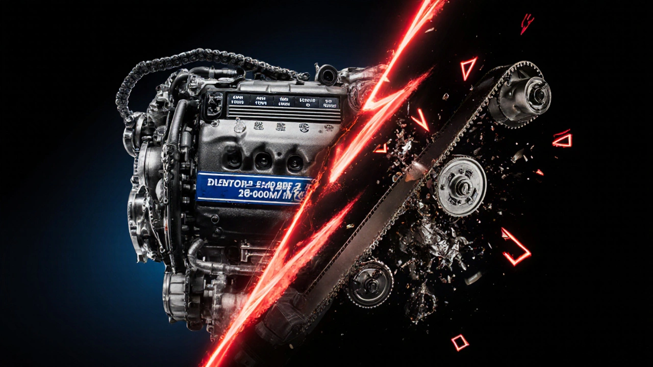 Srovnání nového řetězu a poškozeného řemene v motoru.