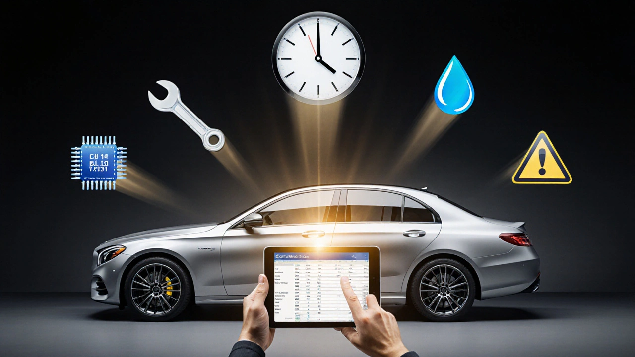 Symbolické znázornění skrytých nákladů na opravu Mercedesu s důrazem na odbornost mechanika.