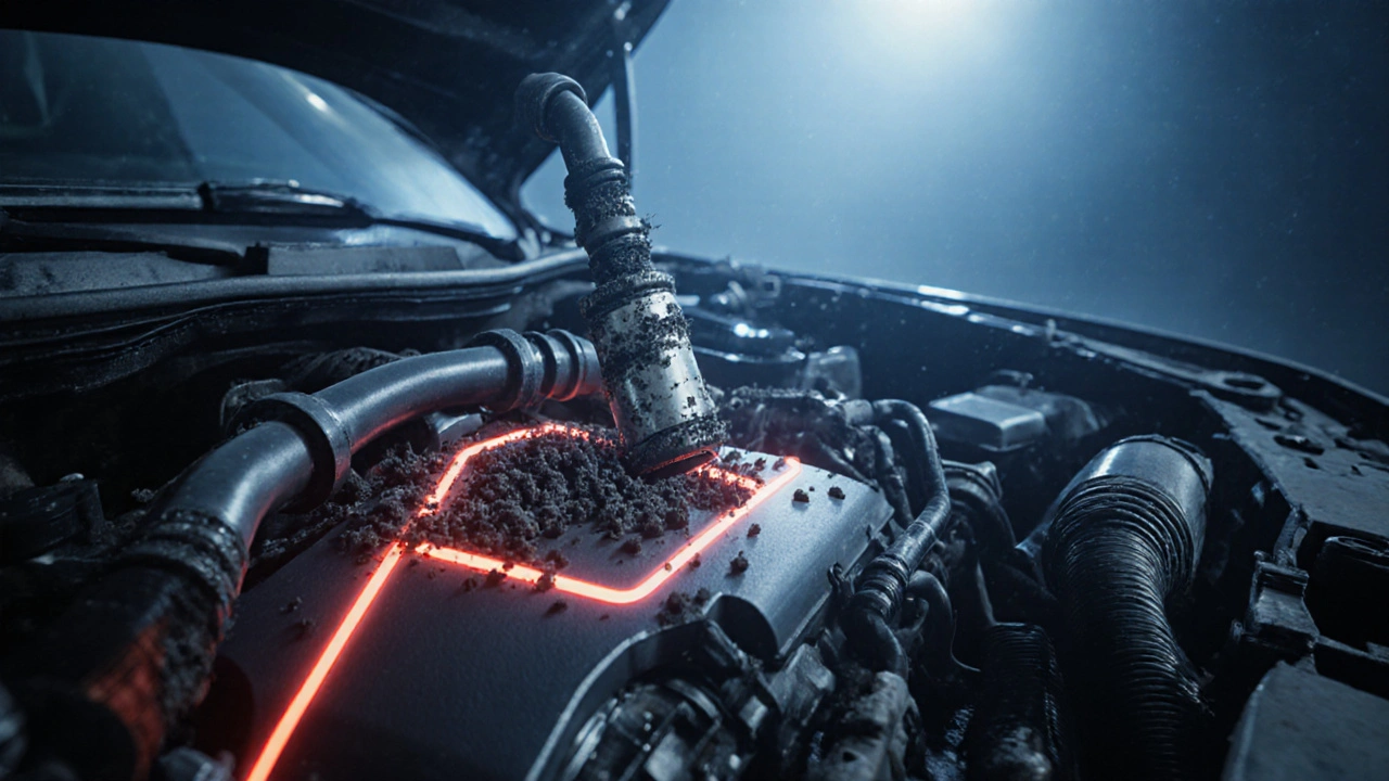 Symbolický obraz znečištěného paliva, které poškozuje vstřikovače motoru.