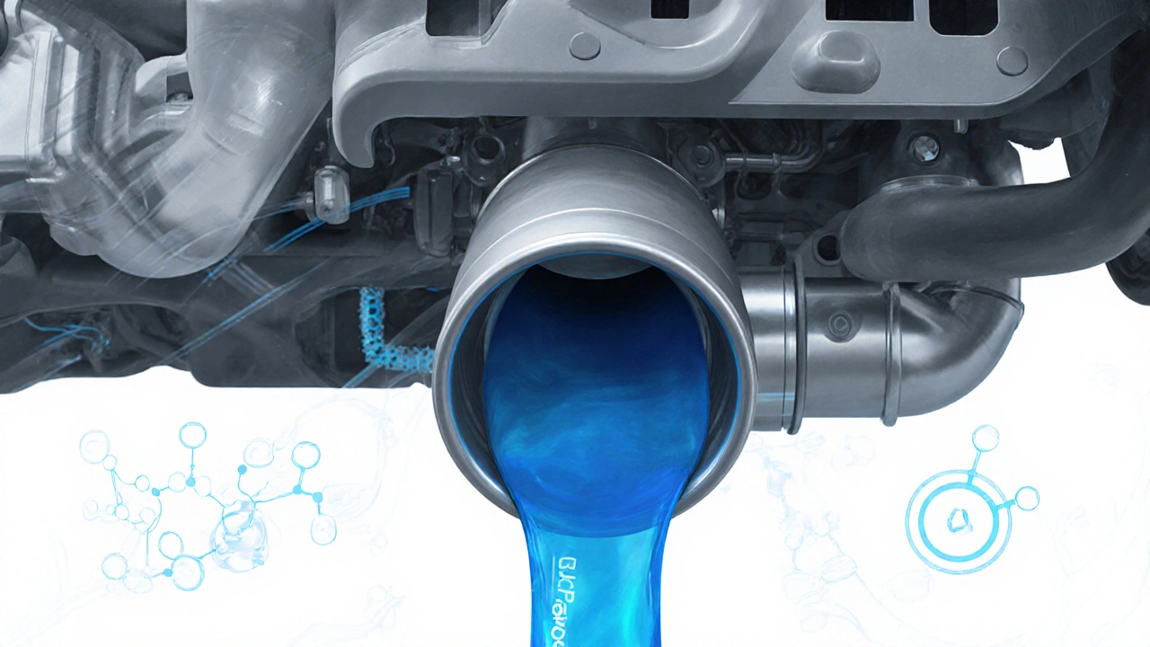 Technical diagram of AdBlue system converting NOx into nitrogen and water in exhaust pipe.