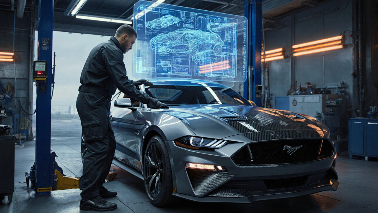 Technik používá laserové měření k opravě karosérie elektromobilu Ford Mustang Mach-E.
