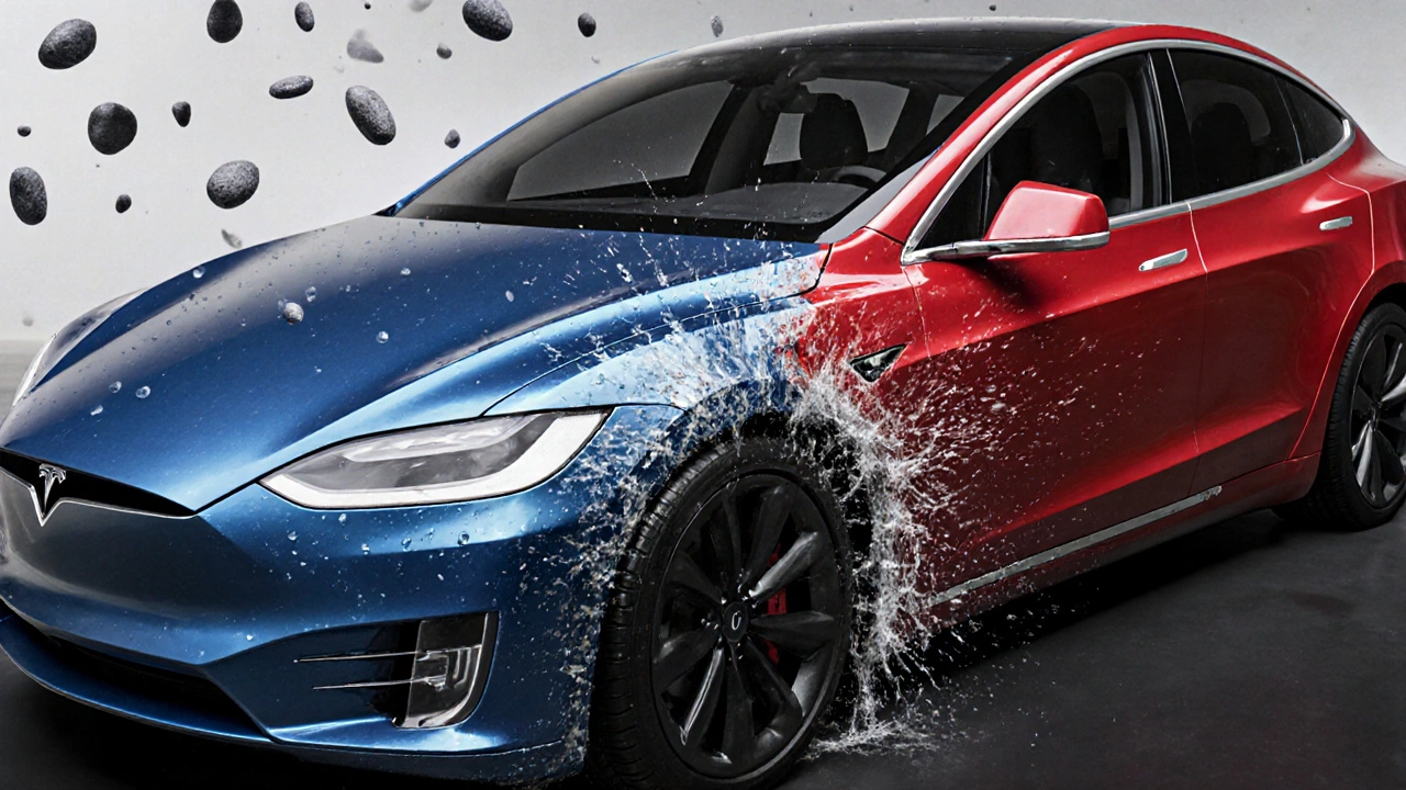 Tesla s průhlednou ochrannou fólií na přední části proti kamenům a dešti, symbolizující prevenci poškození.