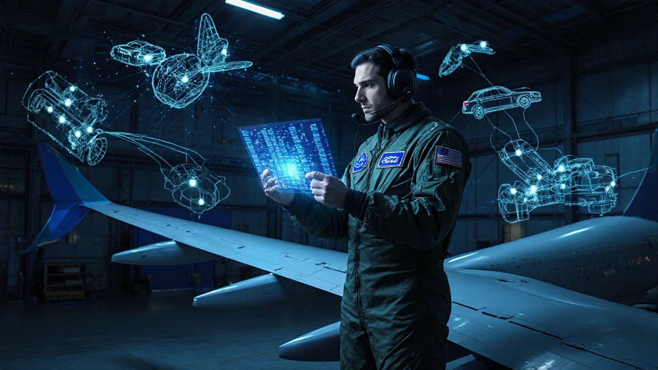 Testovací pilot sleduje holografická data nad prototypem letadla v českém leteckém centru.