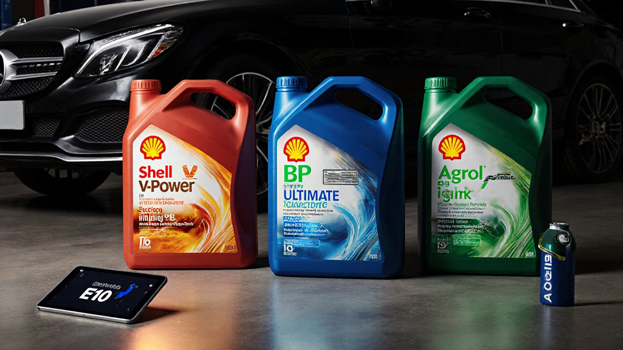 Three premium fuel cans next to a Mercedes C-Class, each with distinct visual properties.