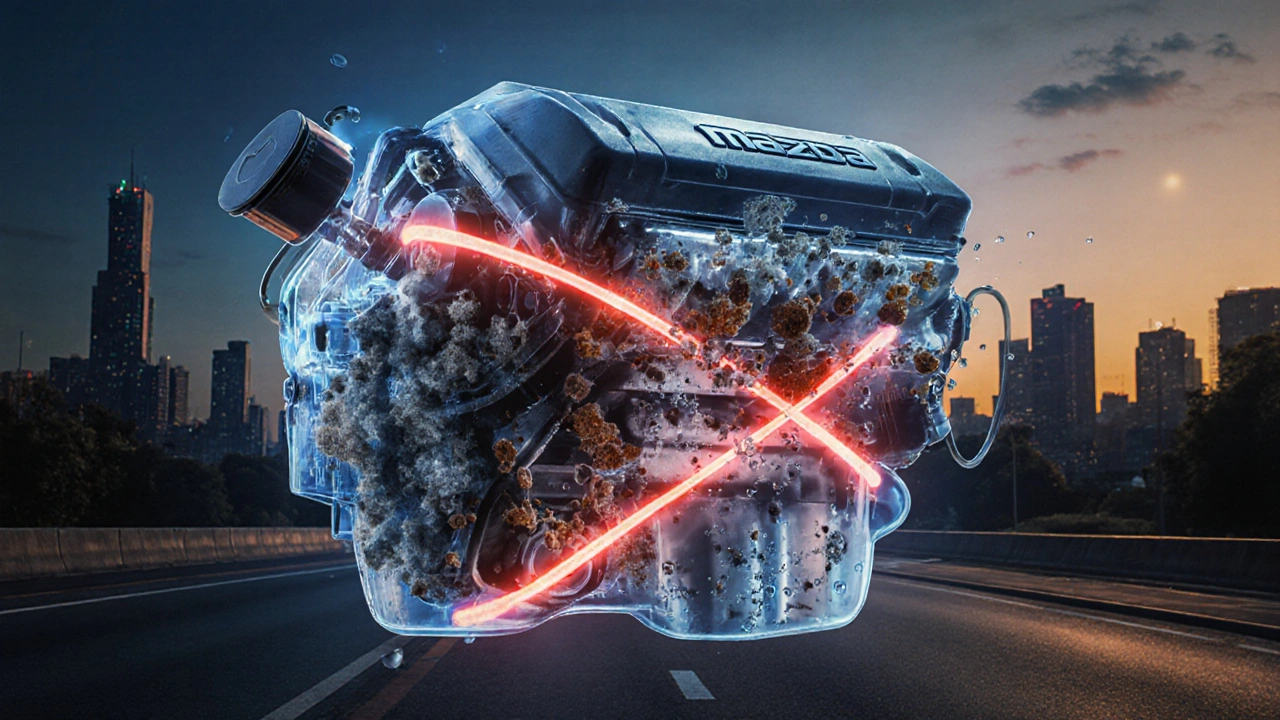 Transparent diesel engine showing contaminants blocked by fuel filter.