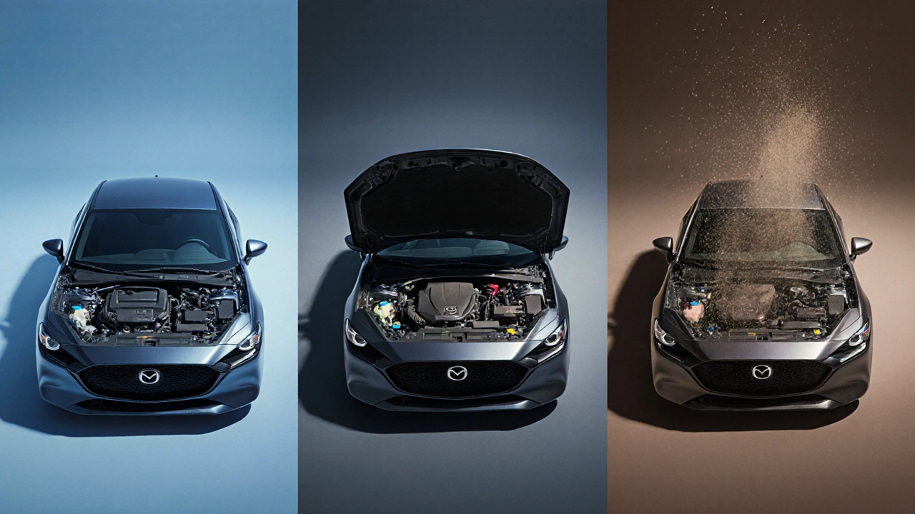 Tři fáze stárnutí auta Mazda 3: nové, středně staré a staré, s viditelnými znaky opotřebení dílů.