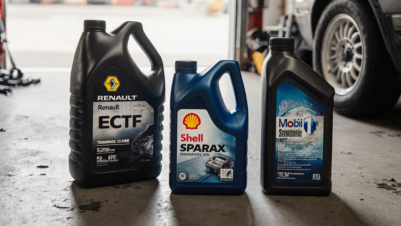 Tři typy převodovkových olejů s technickými specifikacemi na obalech.