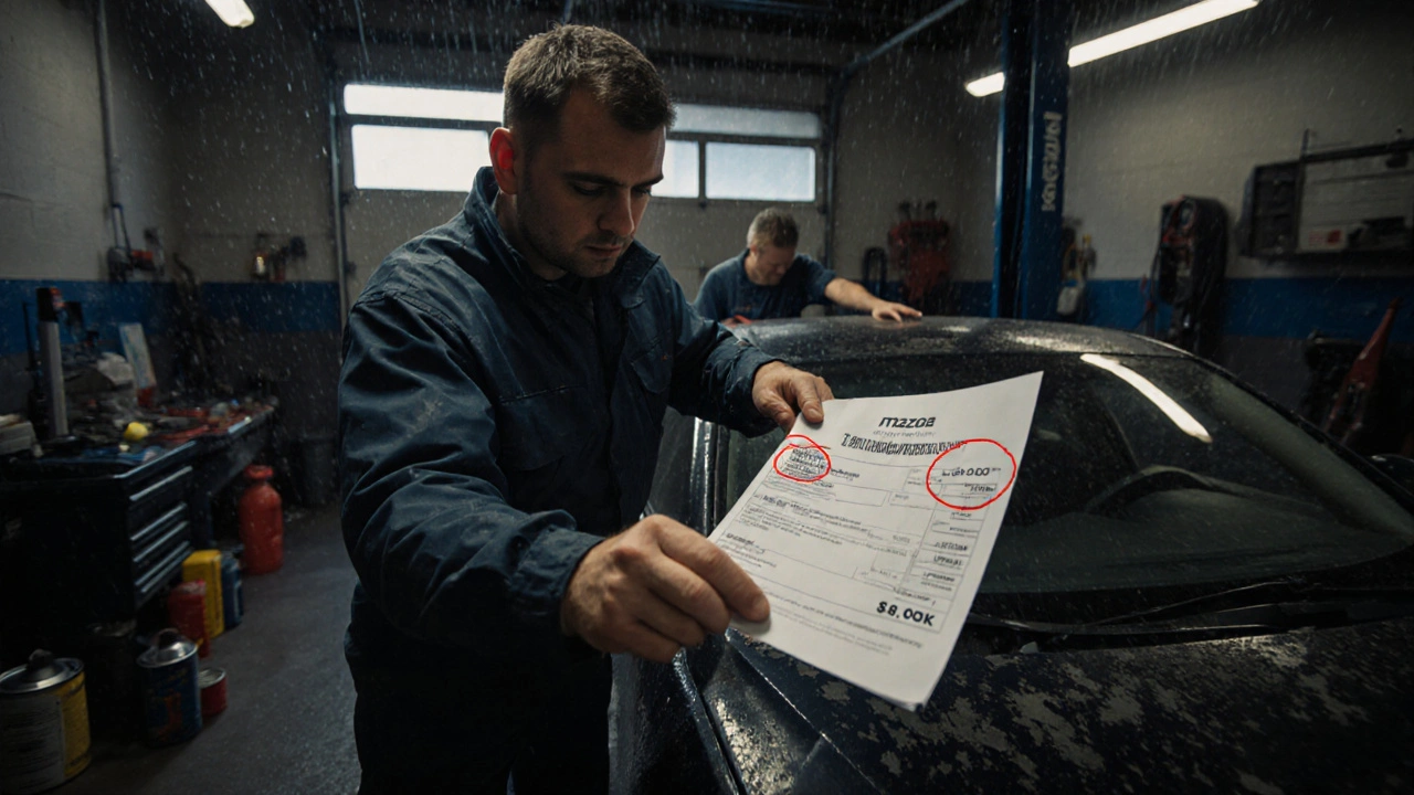 Vlastník auta Mazda 6 sleduje výpis servisu s vysokými náklady na výměnu řemenu, mechanik ukazuje na varovnou kontrolku.