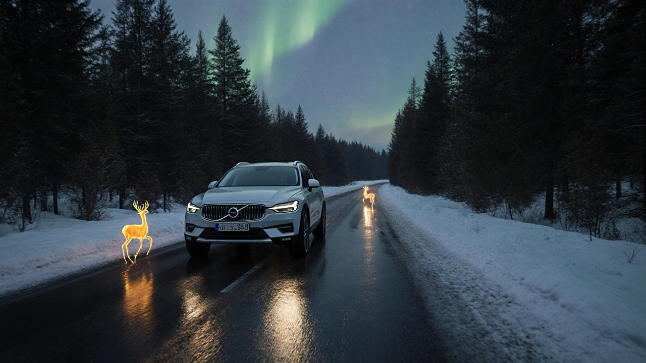 Volvo EX30 v českém lese s detekcí zvířete v noci