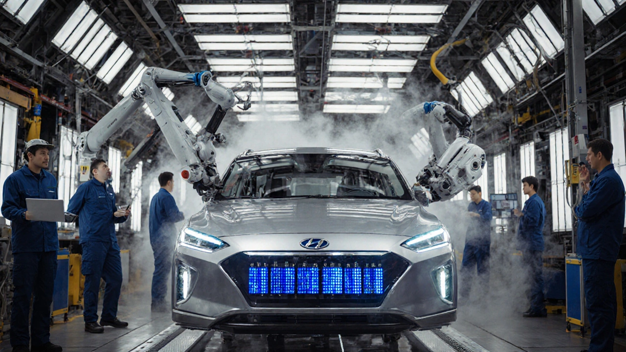 Výrobní linka v Jižní Koreji, kde roboti sestavují elektromobil Hyundai Ioniq 5.