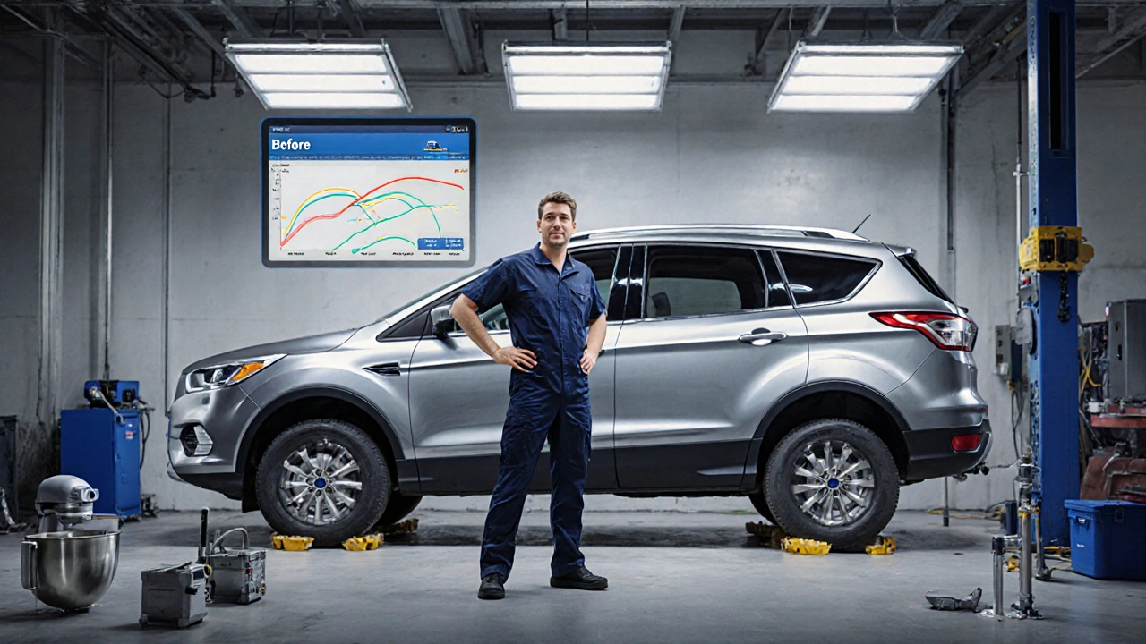 Zkušený pokrývač stojí vedle obnoveného Fordu Kuga s leskou barvou.