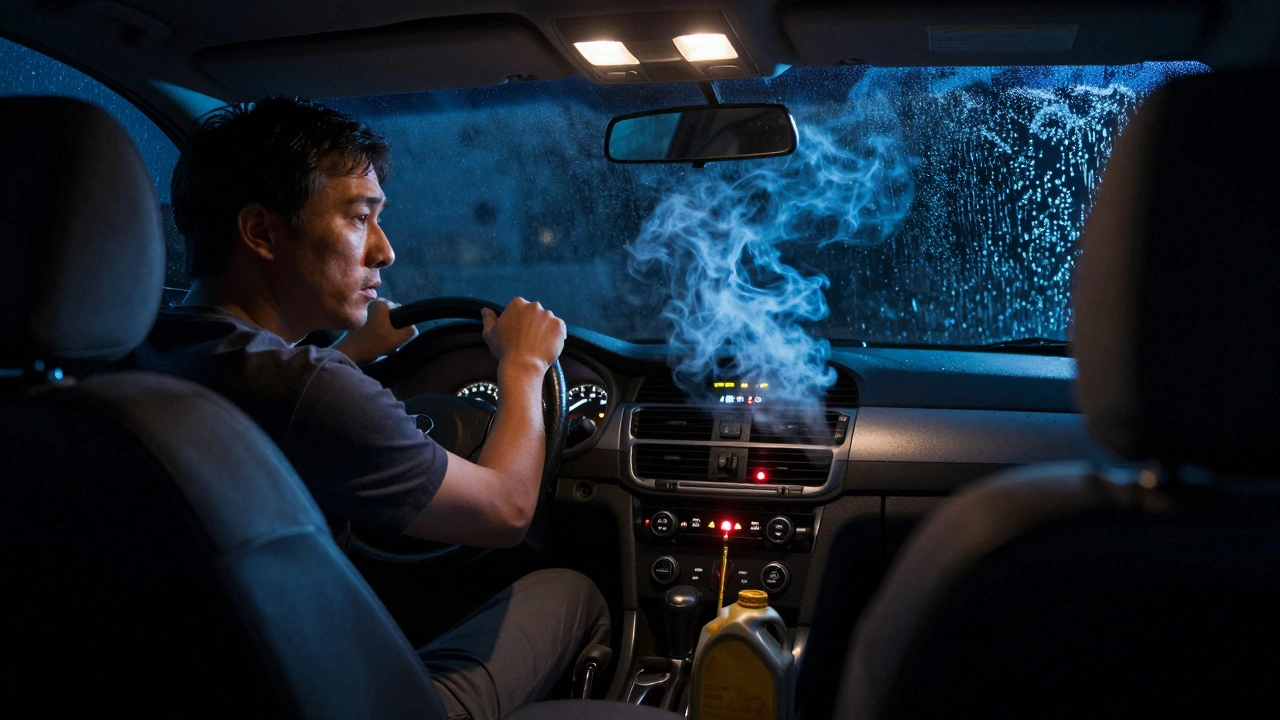 Automobil v noci s modrým kouřem z výfuku a varovnými světly na přístrojové desce.