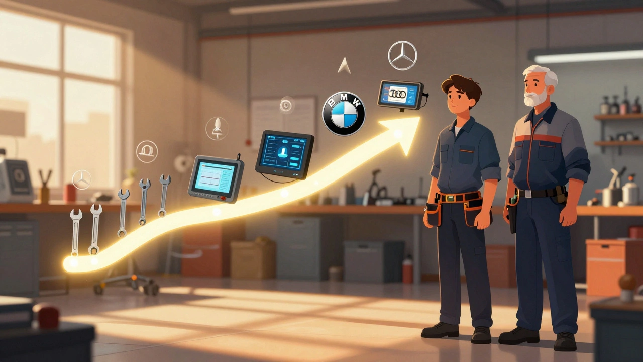 Cesta od začátečníka k mistrům automechaniků s moderními nástroji a automobilovými značkami.