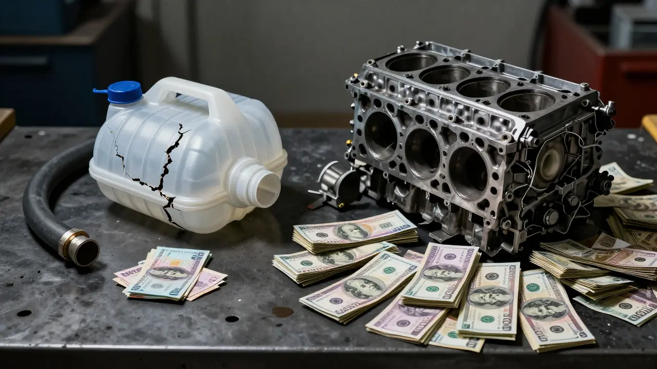 Comparison of low-cost hose repair versus expensive engine damage from neglect.