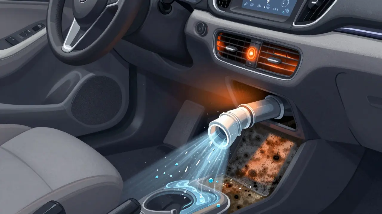 Coolant leak from a broken heating pipe causing moisture and mold in an Opel Zafira cabin.