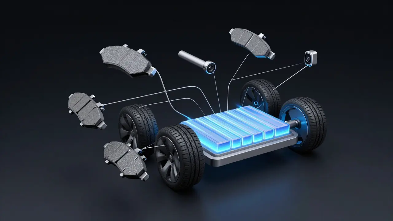 Diagramatický přehled klíčových komponent servisu elektrického auta Tesla.