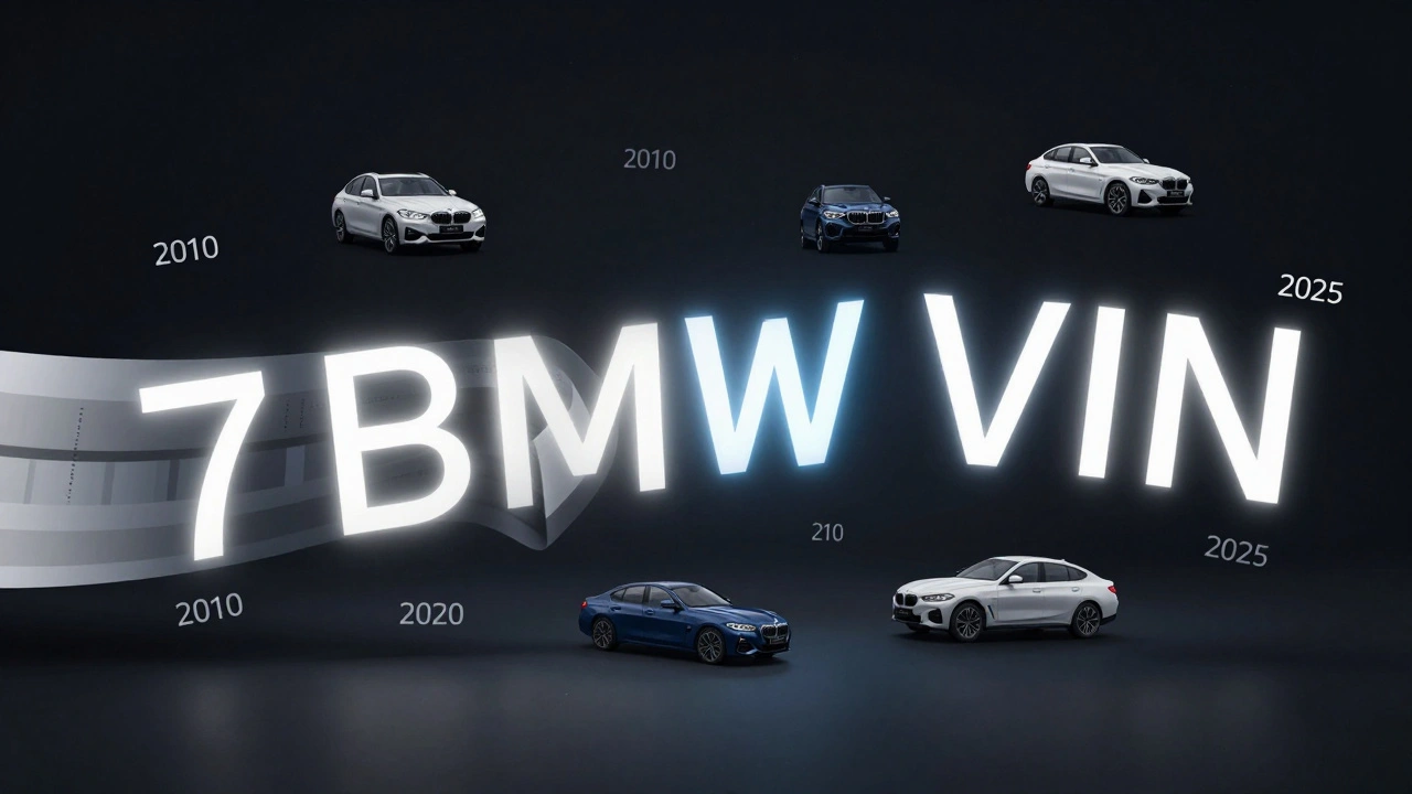 Digitální ilustrace VIN kódu BMW, kde 10. znak přeměňuje barvu na Alpine White X s ikonami modelů aut.