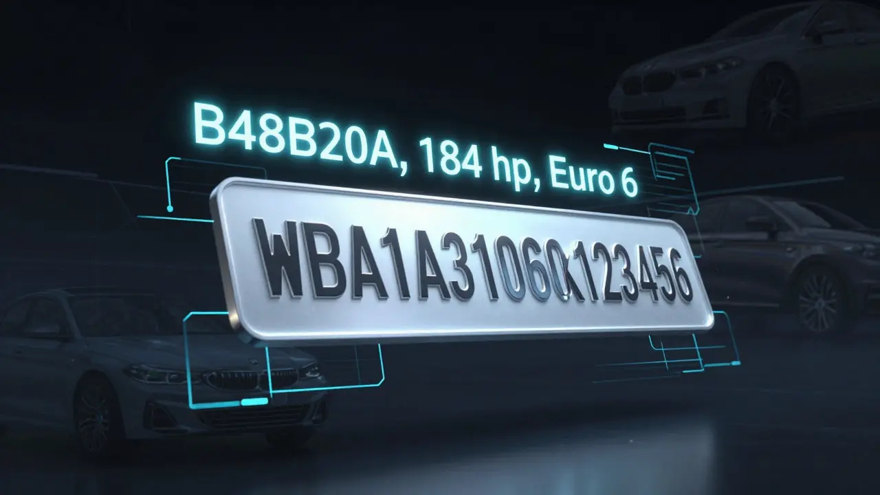 Digitální reprezentace VIN čísla s příslušnými technickými údaji motoru jako hologramy.