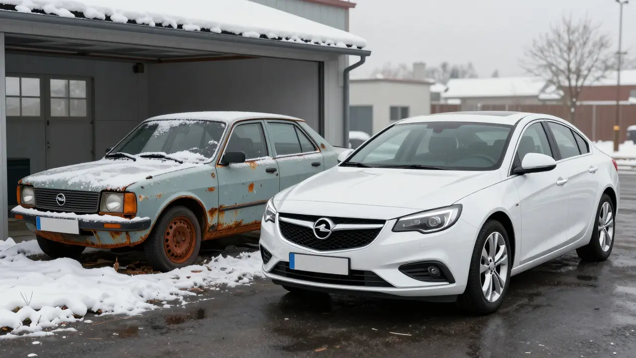 Dva opačné Opely: jeden rezavý a poškozený, druhý čistý a dobře udržovaný.