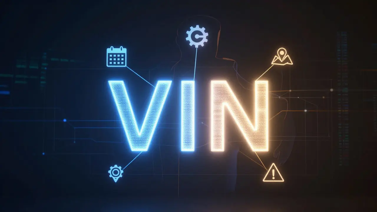 Glowing VIN kód nad autem BMW s ikonami reprezentujícími jeho historii a technické údaje.