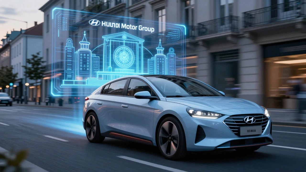 Hydrogen-powered electric car driving at dusk with a holographic corporate structure glowing above it.