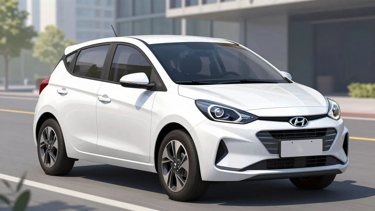 Hyundai i10 s moderním designem a viditelnými bezpečnostními prvky v městském prostředí.