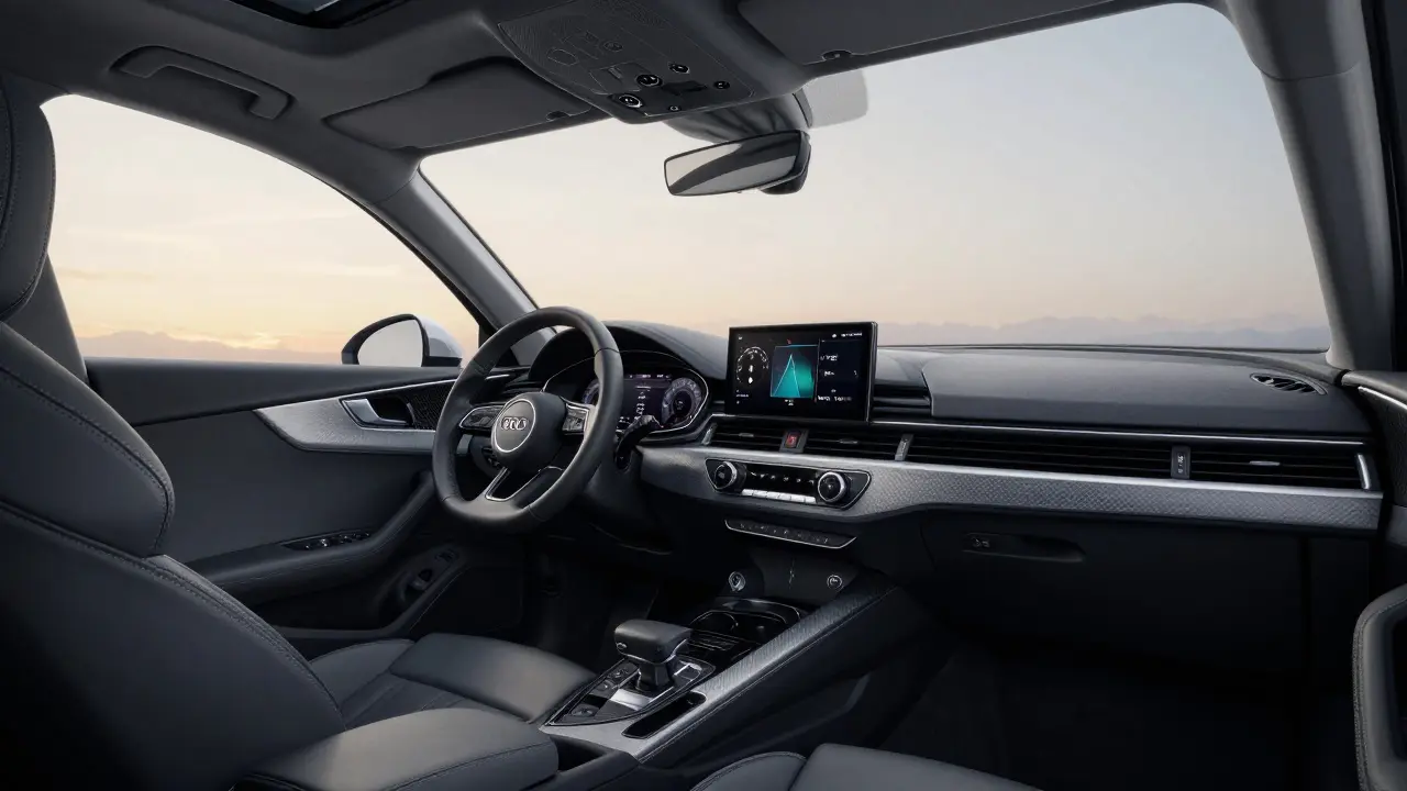 Interiér Audi A4 s digitálním panelom a luxusními materiály v klidném osvětlení.