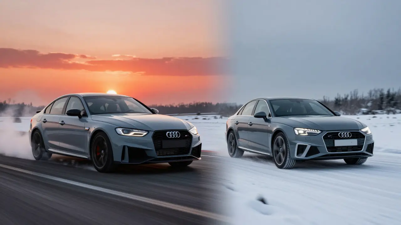 Konceptuální obraz: BMW na tratи a Audi na sněhu – kontrast sportu a pohodlí.