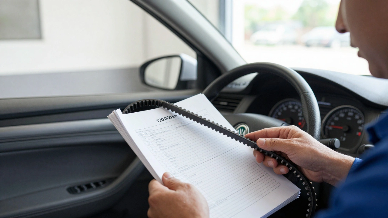 Mechanik drží opotřebovaný řemen vedle servisní knížky s nízkým počtem kilometrů.