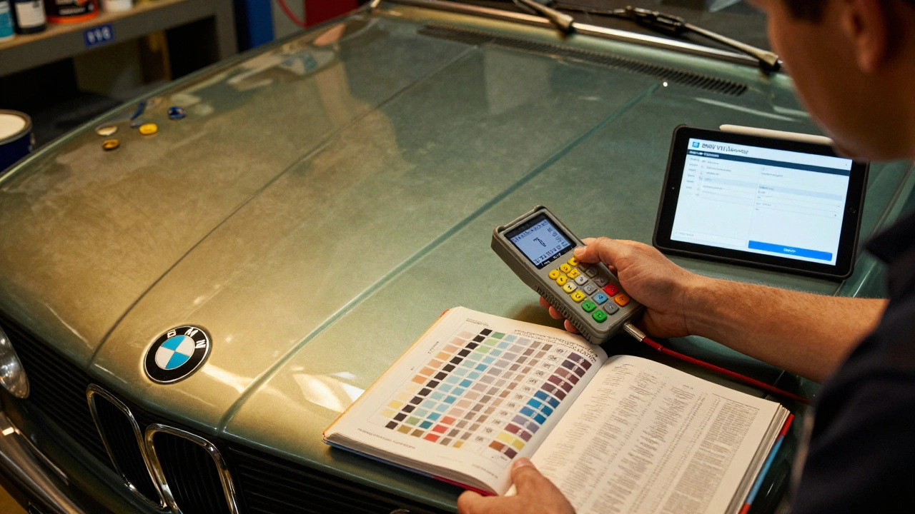Mechanik měří barvu auta colorimetrem v dílně, na stole je tabulka barevných kódů BMW.