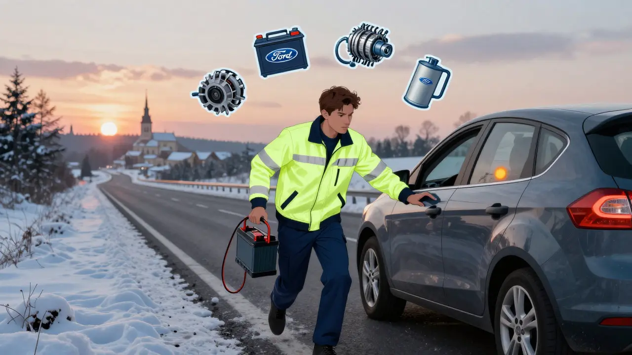 Mechanik přijíždí s přenosnou baterií k Fordu na zimní silnici, kolem letí ikony poruch — vyčerpaná baterie, prázdná nádrž.