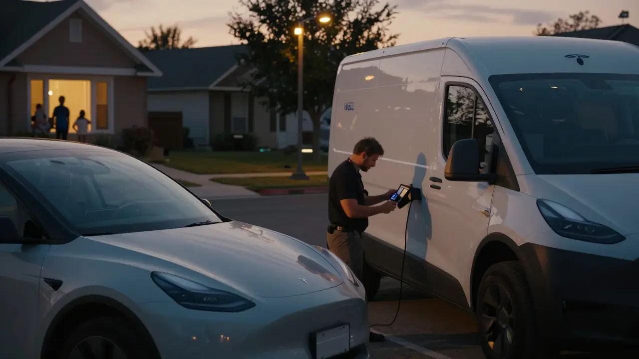 Mobilní servis Tesla na ulici večer, technik pracuje na autě při slabém světle.