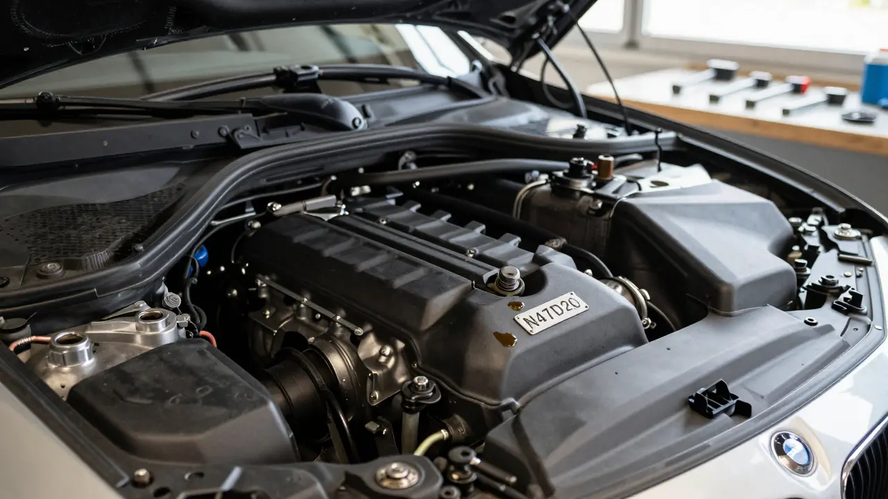 Motor BMW s vyraženým kódem N47D20 na bloku, viditelný pod kapotou.