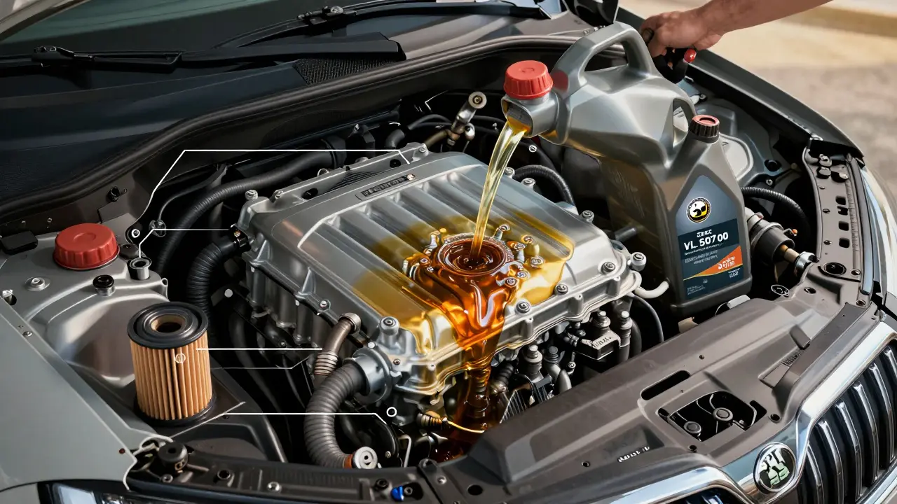 Motor Kodiaq s přehledem toku nového oleje a systémem DPF.