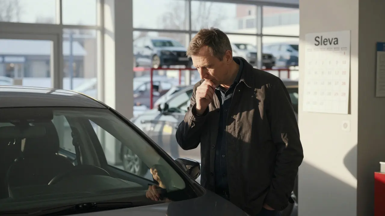 Muž prohledává použitá auta v autodealerství v prosinci, značka slevy na stěně.