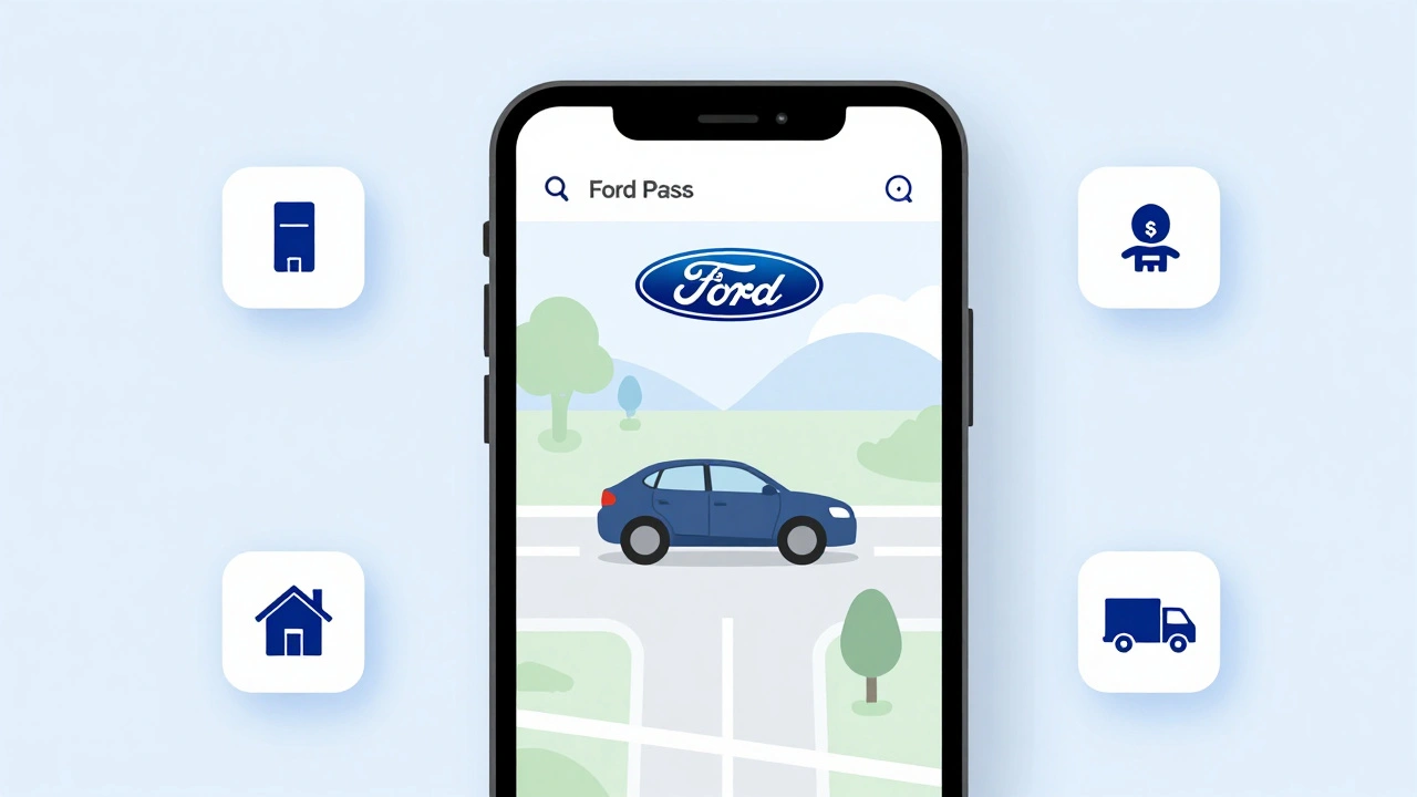 Obraz aplikace Ford Pass s funkcemi pomocí, lokace a dálkového ovládání.