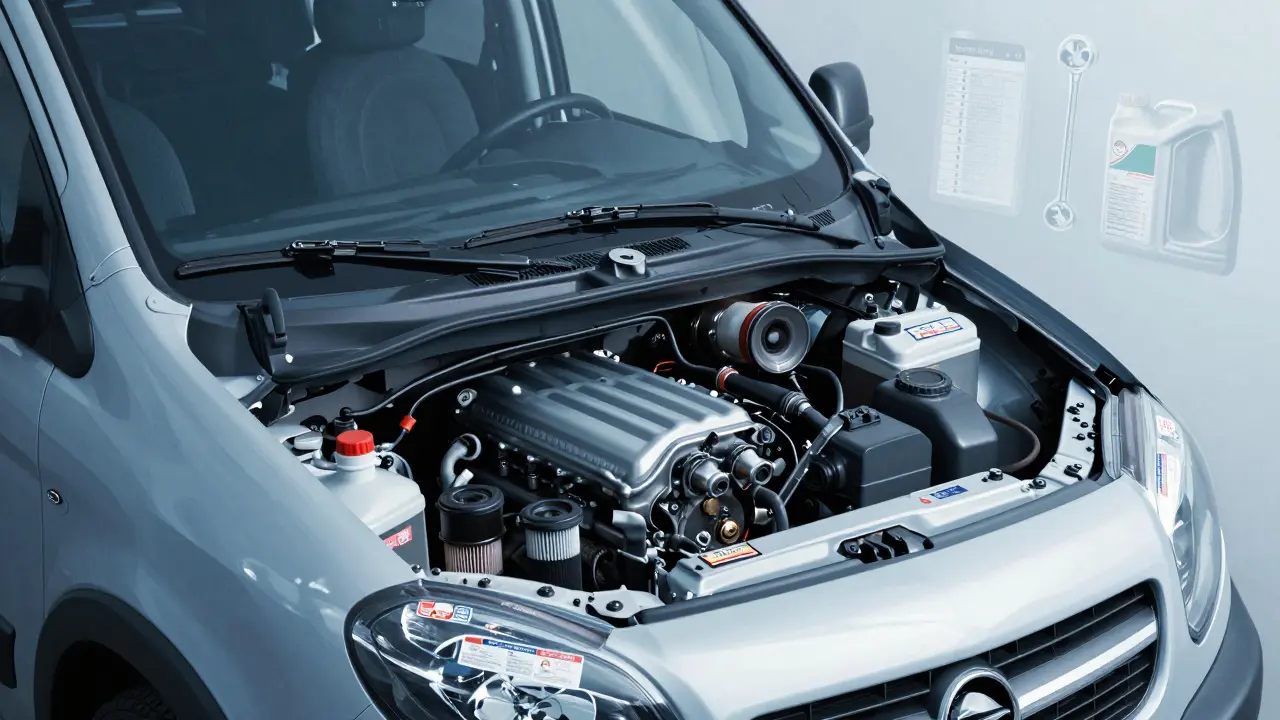 Otevřený motor Opel Vivaro s viditelnými novými díly a štítky servisu.