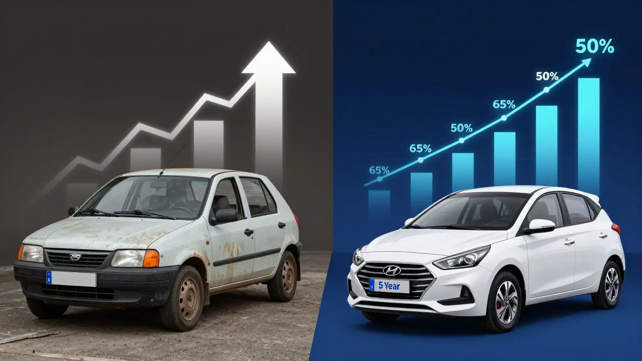 Porovnání dlouhodobé hodnoty: Dacia Sandero a Hyundai i10 po pěti letech.