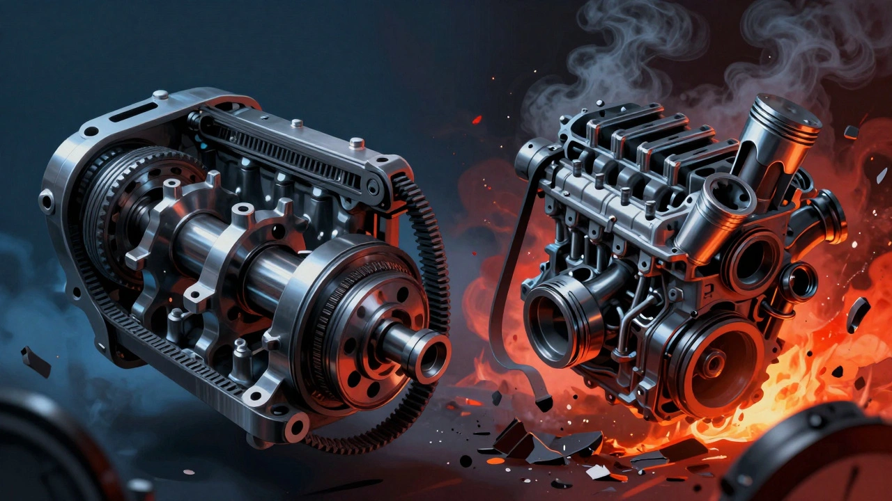 Porovnání funkčního a poškozeného motoru po přetržení klínového řemene.