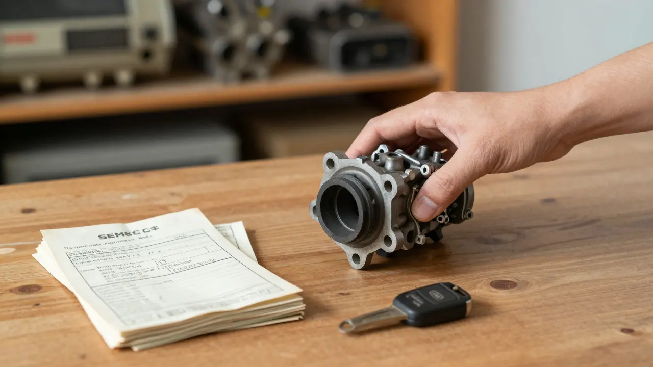 Použitý díl pro Mazda z Japonska na stole s doklady o opravách a klíčem od Demio.